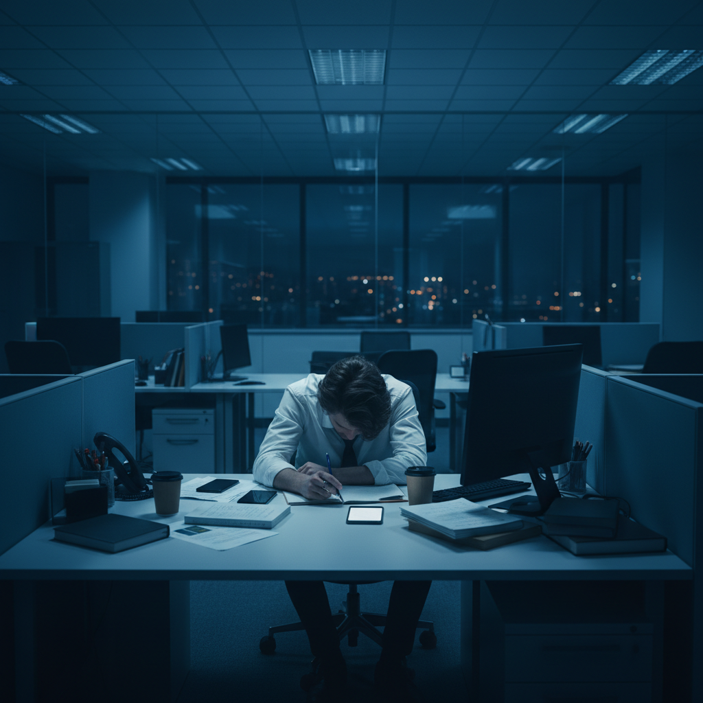 Cinematic shot of a tired office worker sitting alone at a desk late at night, blue ambient light, looking exhausted and isolated