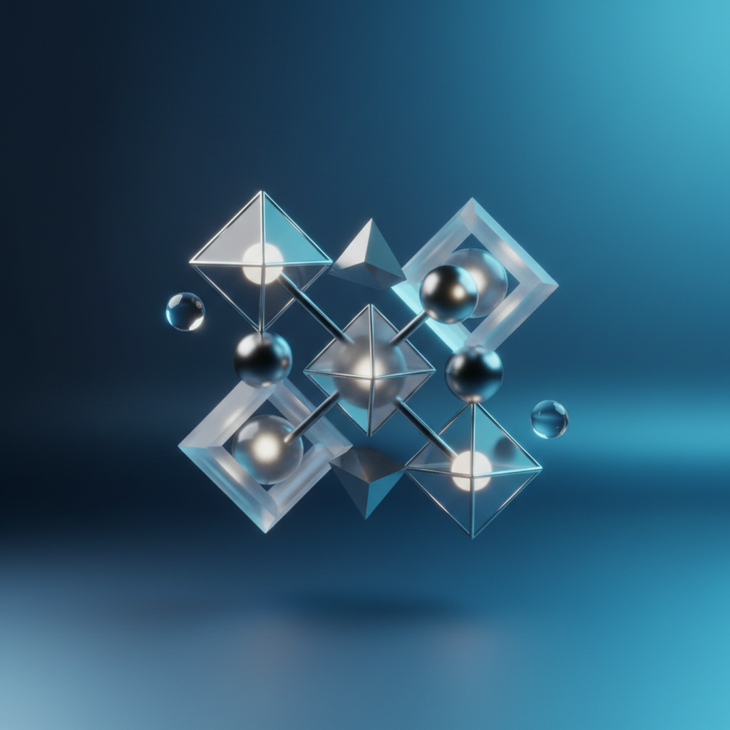 Abstract geometric composition representing balance and precision, dark blue and cyan lighting, minimalist 3d shapes, sleek engineering aesthetic