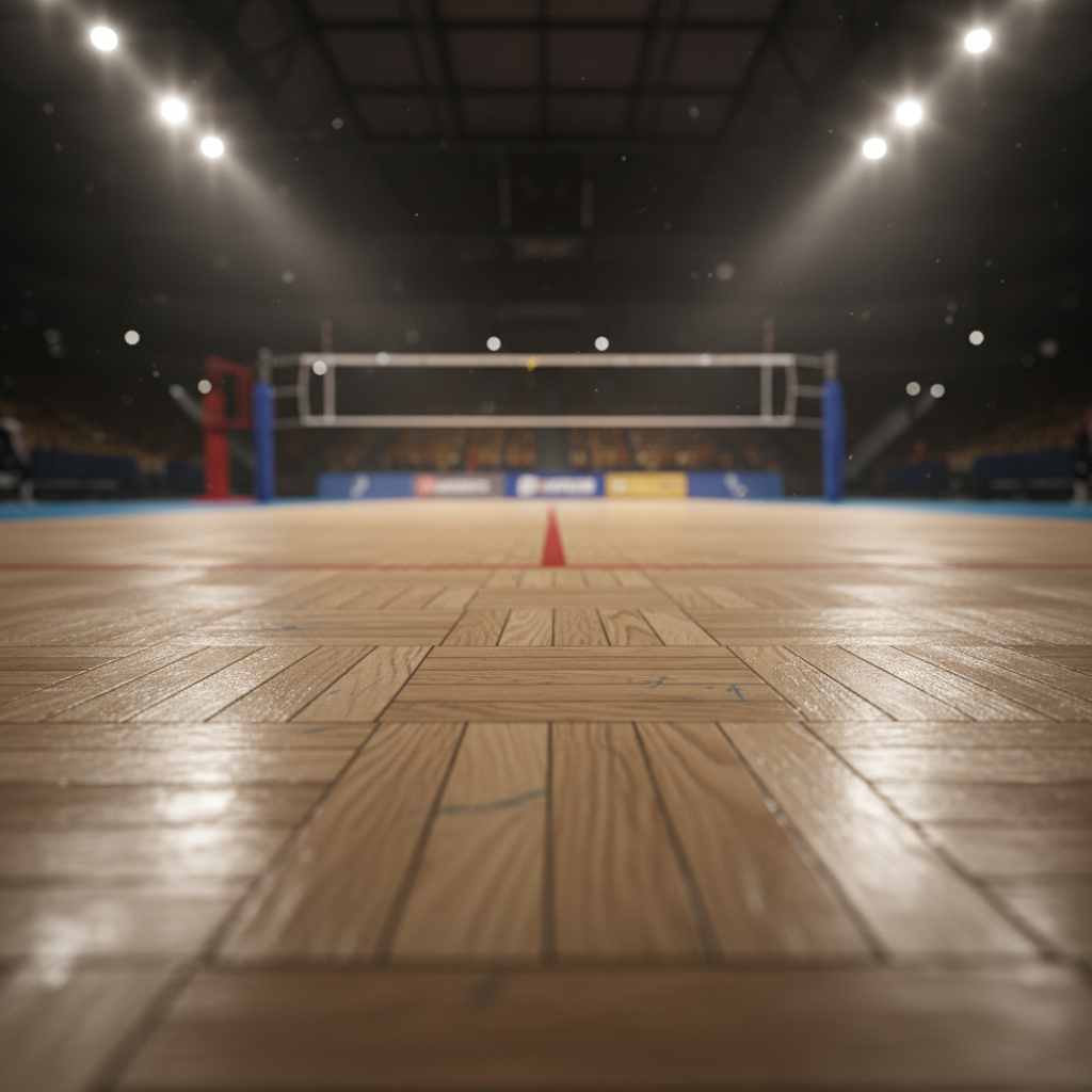 high quality realistic photo of accurate volleyball court surface texture, wooden parquet, low angle, depth of field, professional lighting, cinematic, 8k