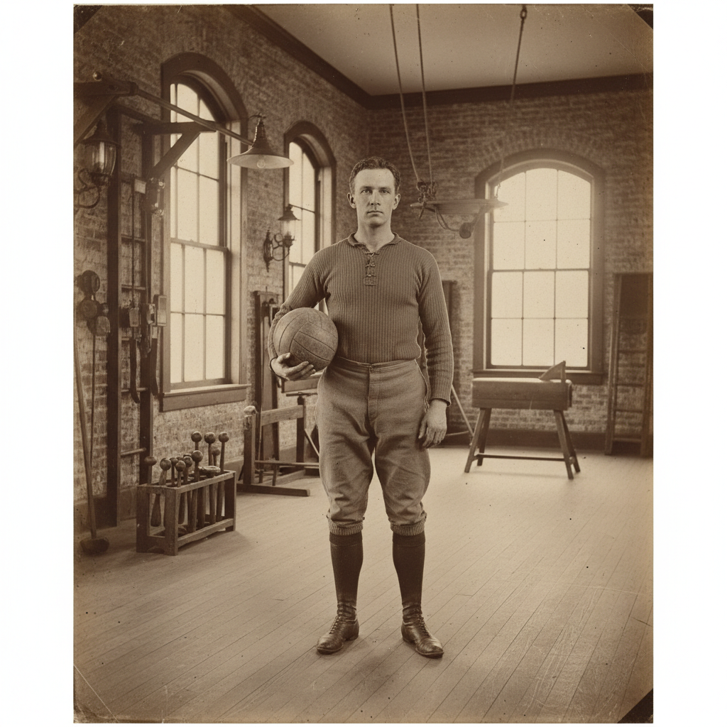 Old vintage photograph style, late 19th century gym, man holding a vintage leather ball, sepia tone, historical reconstruction of William Morgan