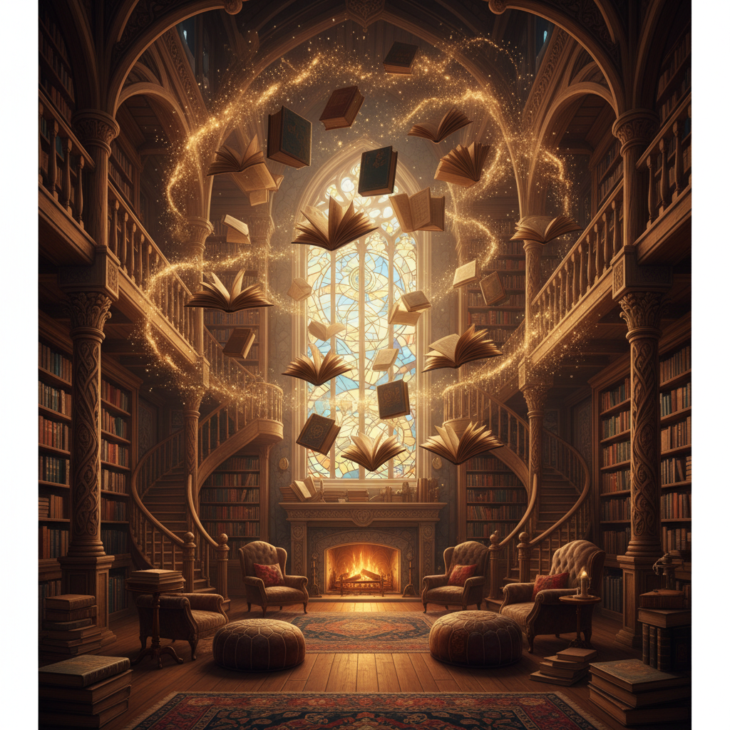Magic floating books in a cozy library, fantasy style, warm light, dust particles