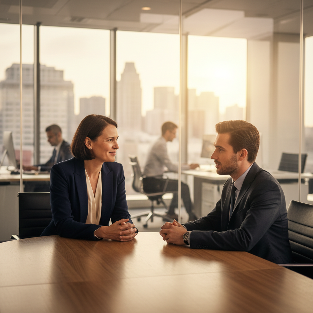 An empathetic manager listening intently to an employee in a modern glass office, warm interaction, professional attire, shallow depth of field