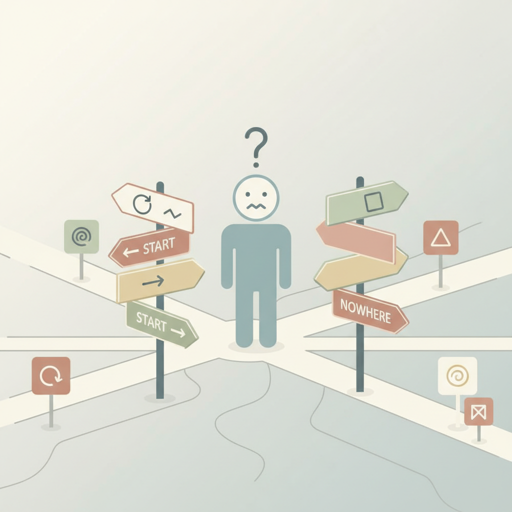 Illustration of a person looking confused at many different road signs pointing in different directions, minimalistic style, soft colors