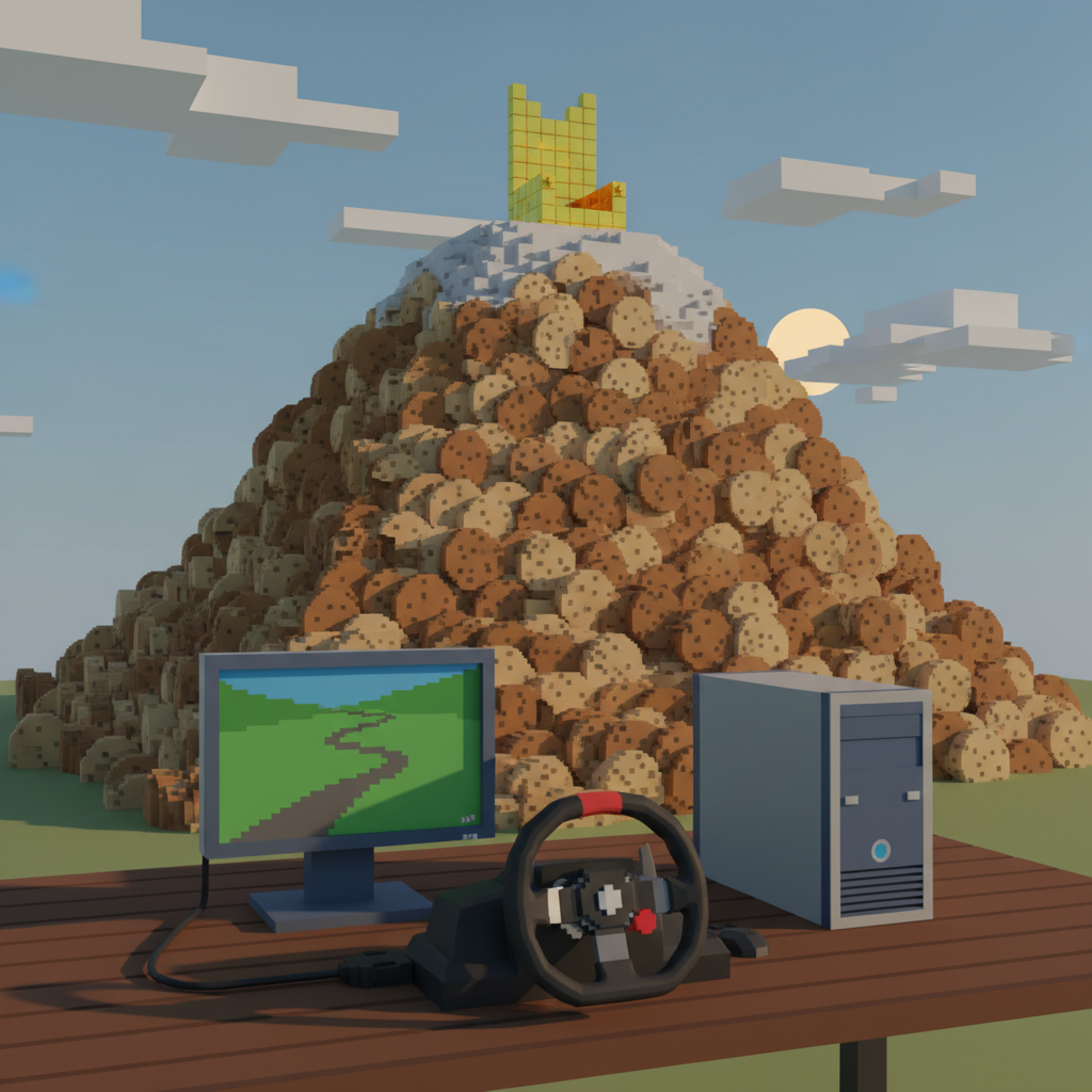 A giant mountain of potatoes in a blocky video game style with a golden throne on top. In the foreground, a race-car steering wheel is plugged into a computer.