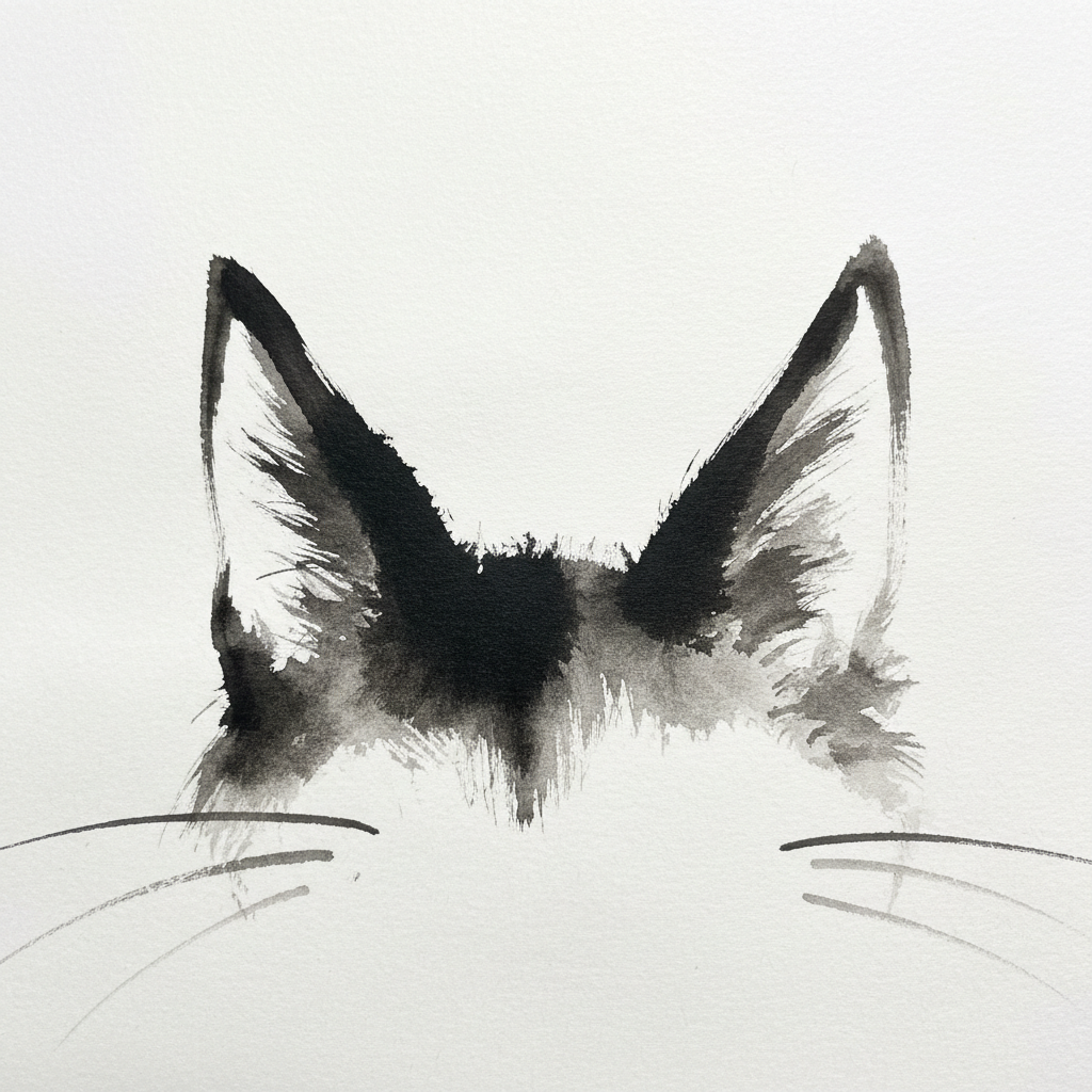 Thick black ink brush strokes forming a cat ear shape on white paper