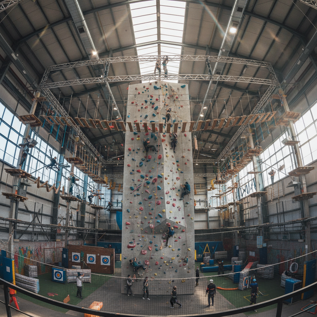 Low angle drone view inside a massive indoor adventure sports complex, looking up at a 30ft climbing wall and high rope obstacle courses, with archery and paintball zones in the background, high ceiling, dynamic lighting, action shot, cinematic, photorealistic 8k