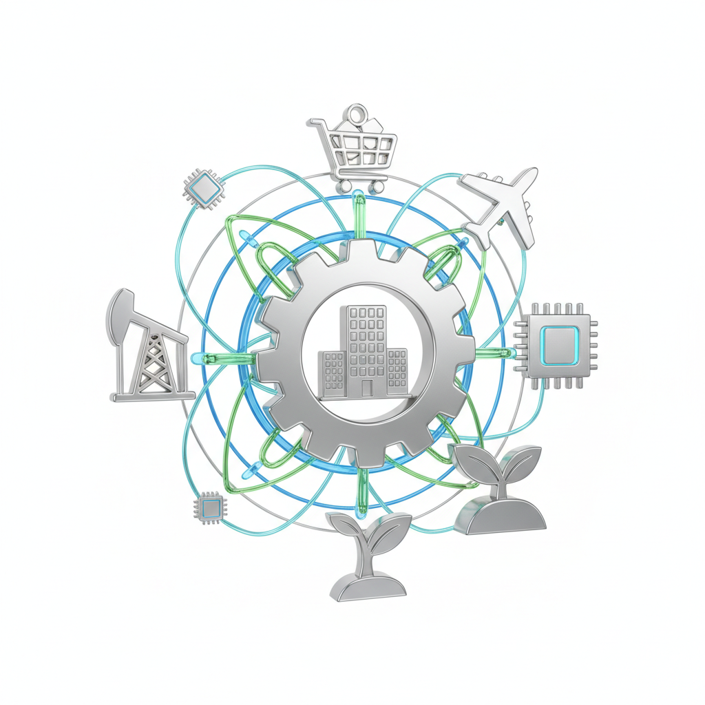 Abstract 3D illustration of diverse industry symbols like a gear, a building, a shopping cart, and an airplane connected by a network, clean white background