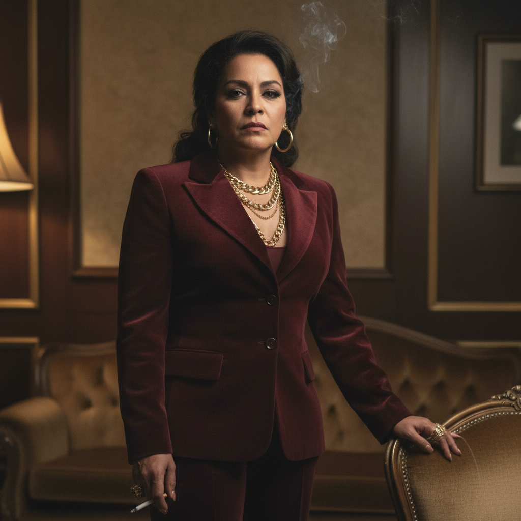 Griselda Blanco, colombian woman, 1970s style, tough look, smoking