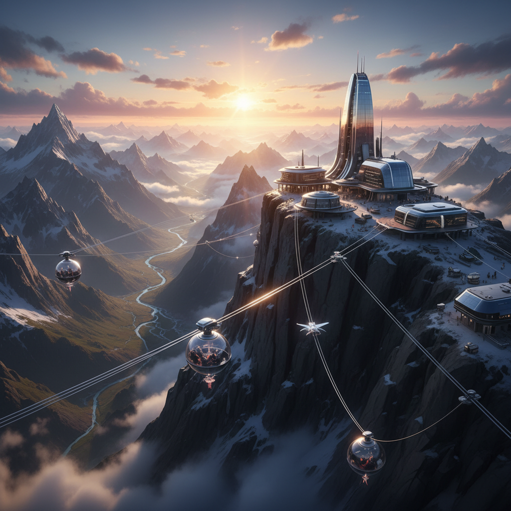 Cinematic wide aerial shot of a futuristic mountaintop adventure resort, glass pods hanging from cliffs, zip-lines crossing valleys, sunrise lighting, extreme detail, photorealistic 8k