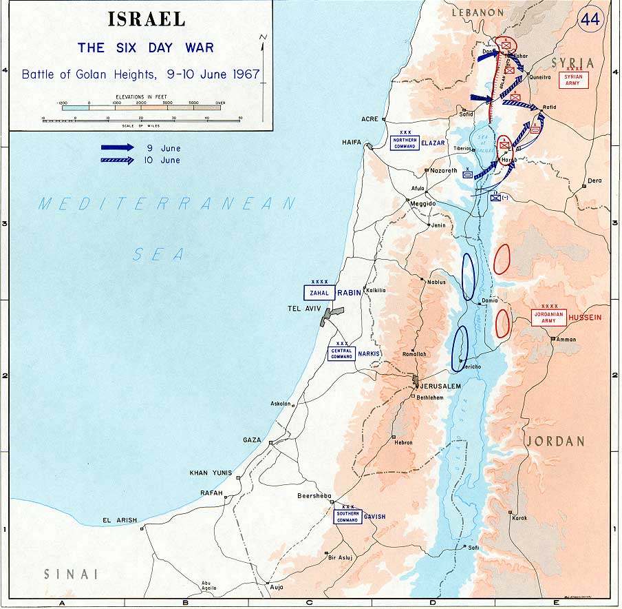 Map of Golan Heights battle movements 1967 or tactical map