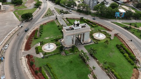 Drone shot of Ghana coastline with joyful crowd