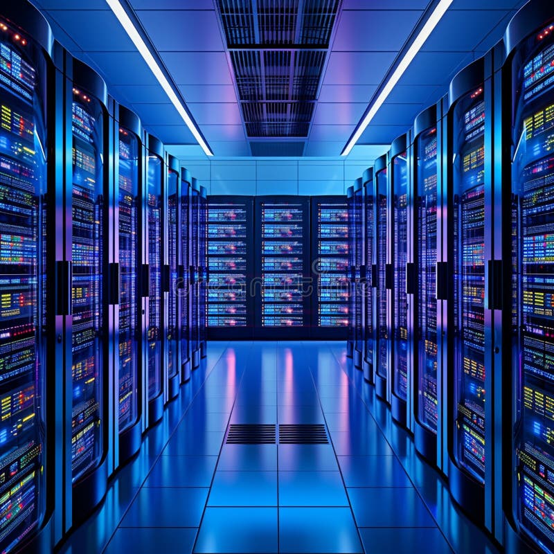 Microsoft Azure data center server racks in futuristic blue lighting high tech corridor