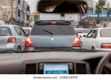 Jerusalem taxi driver view from inside car traffic jam