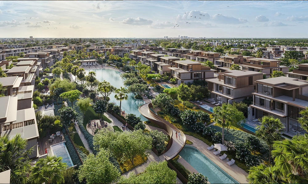 Nad Al Sheba Gardens Masterplan or aerial view of lush green luxury estate in Dubai, architectural detailing, elegant