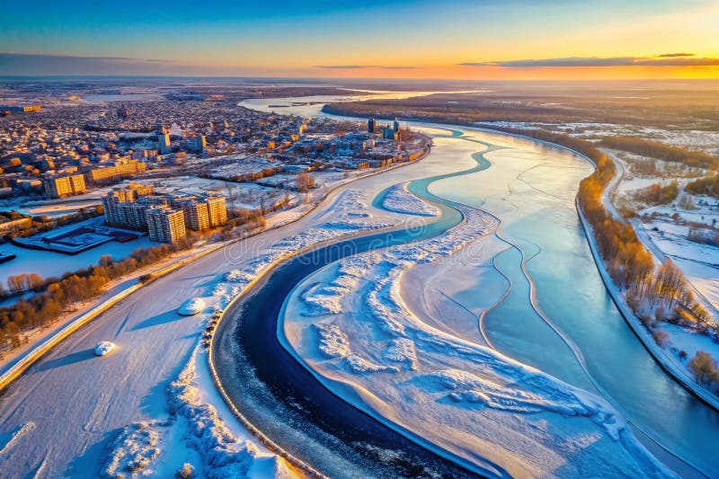 Surgut city winter landscape bridge