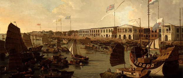 Vintage 19th century painting of Canton 13 factories trading port Guangzhou