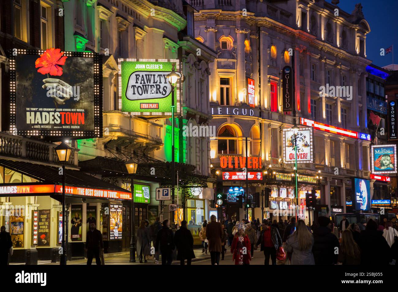 London West End theatre at night, neon lights, busy street, Shaftesbury Avenue
