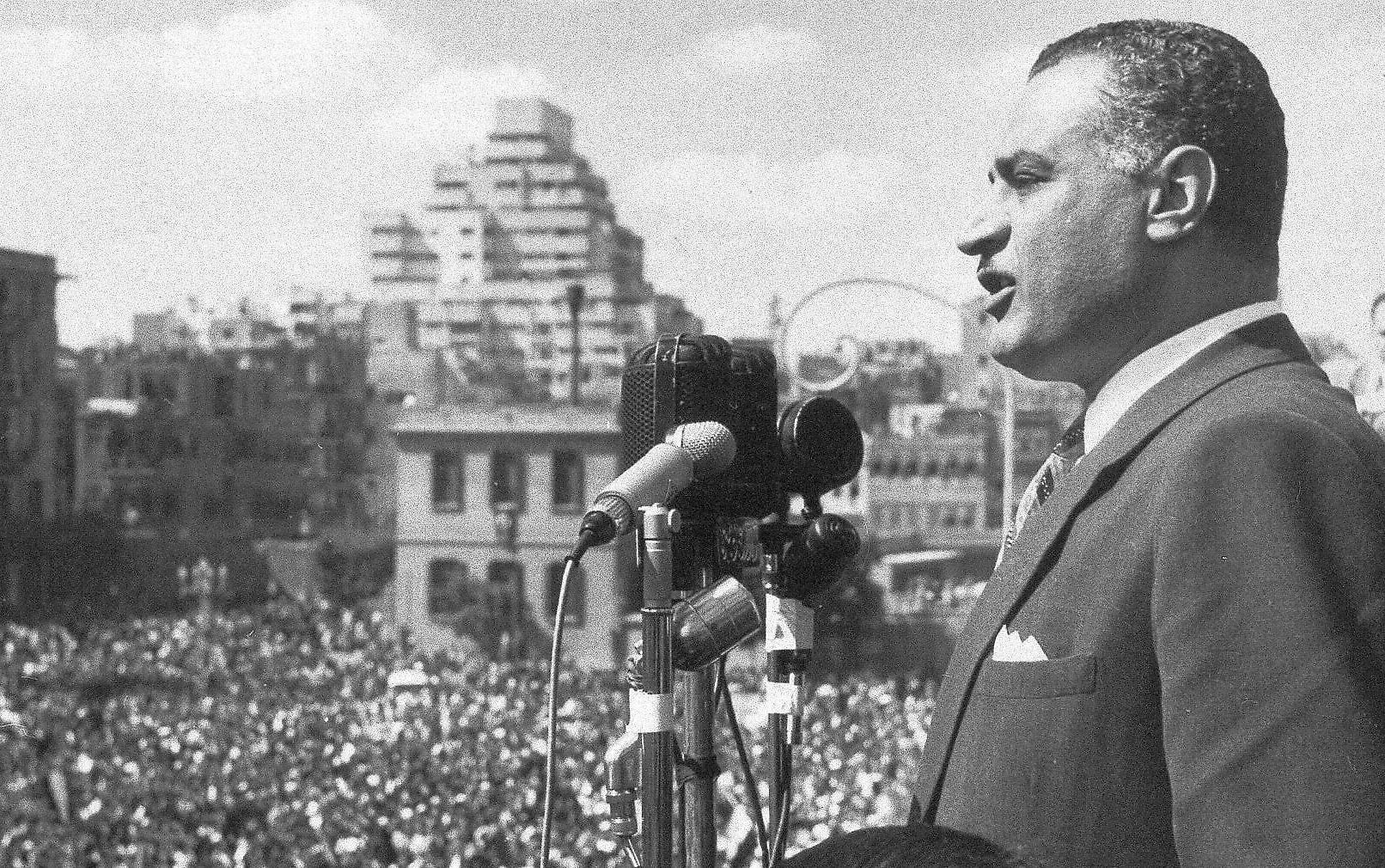 Nasser speech to crowds in Cairo 1967 black and white historical