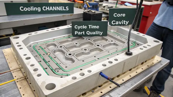 Open injection mold steel tool showing cavity, core, and cooling channels, industrial photography
