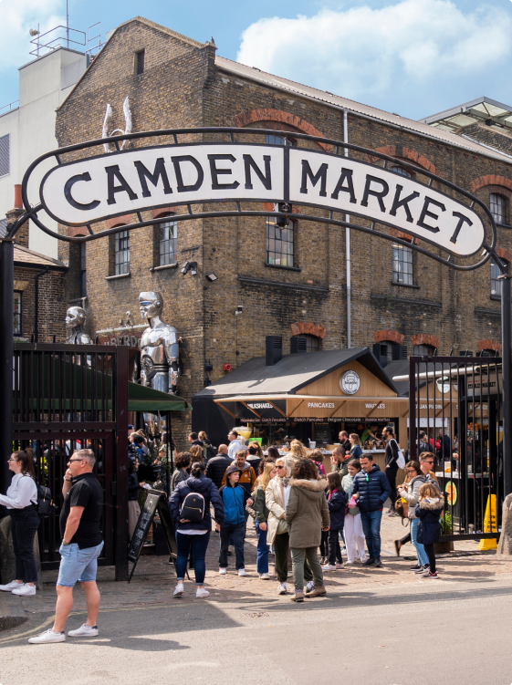 Camden Lock Market scenery, alternative lifestyle, street food stalls, canal