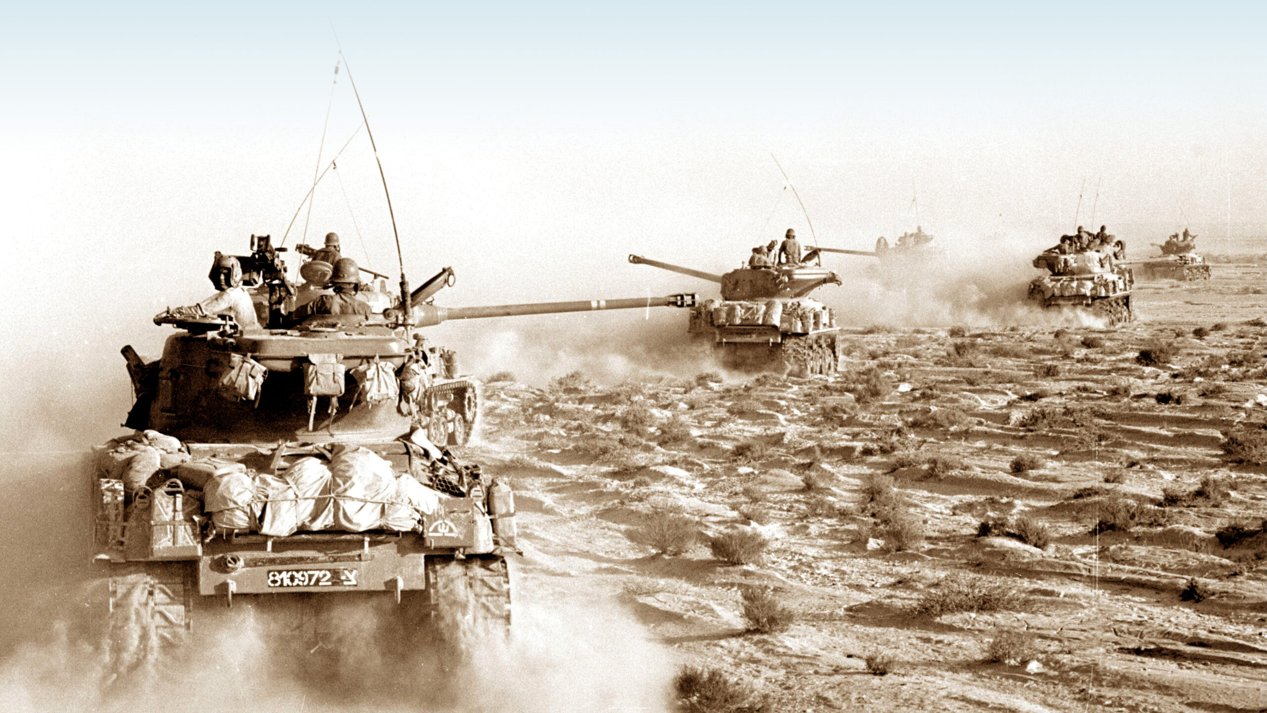 Israeli Centurion tanks moving in Sinai desert 1967 panoramic view