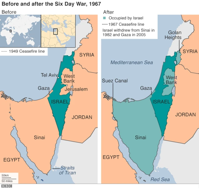 Map of Israel before and after Six Day War comparison