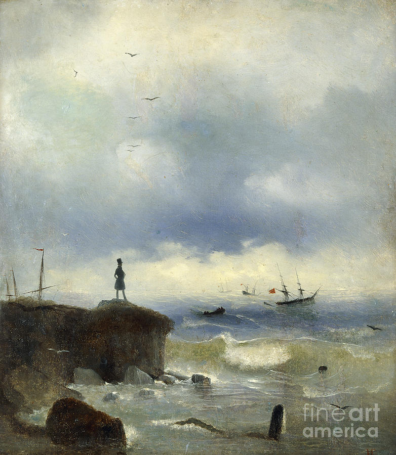 Pushkin looking at the Black Sea painting Aivazovsky style