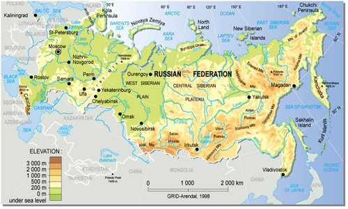 Detailed physical map of Russia showing topography