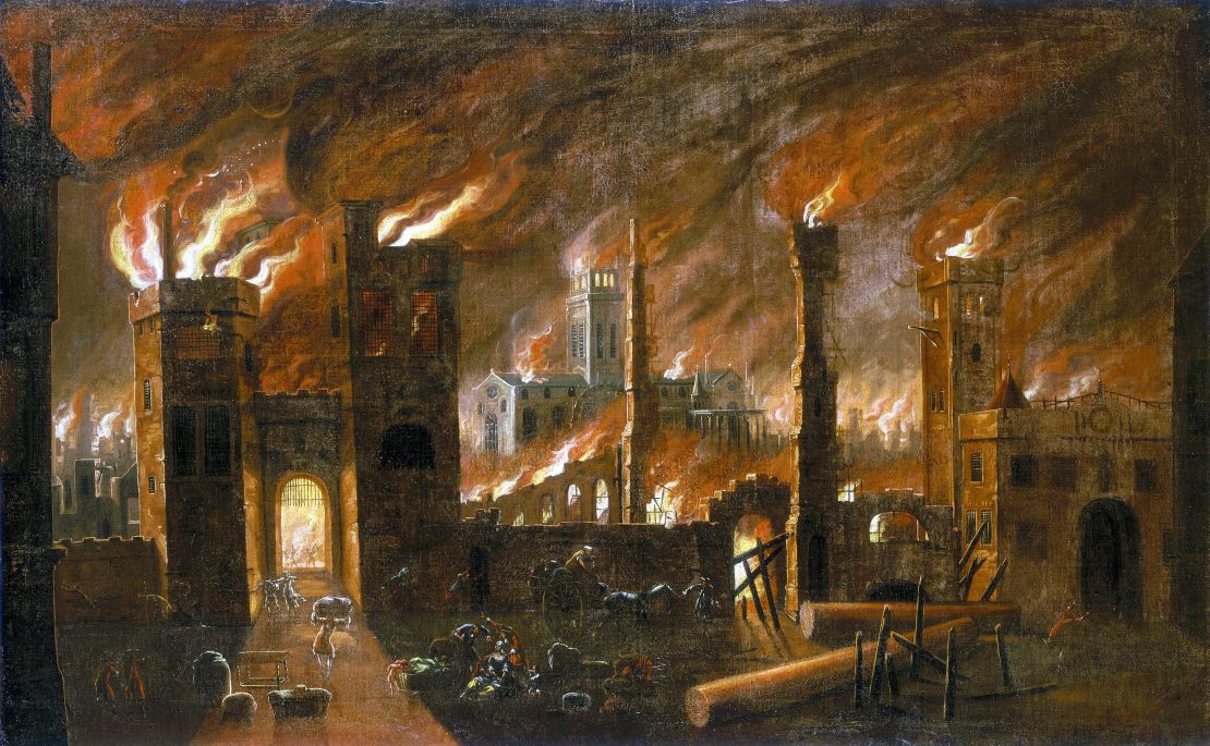 Painting of The Great Fire of London 1666, historical art style showing burning city and Thames