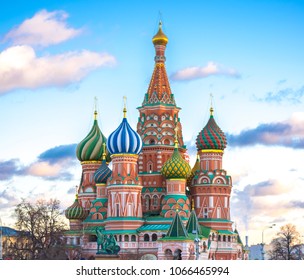 Moscow Kremlin and Red Square famous landmark, colorful optimistic photography, blue sky