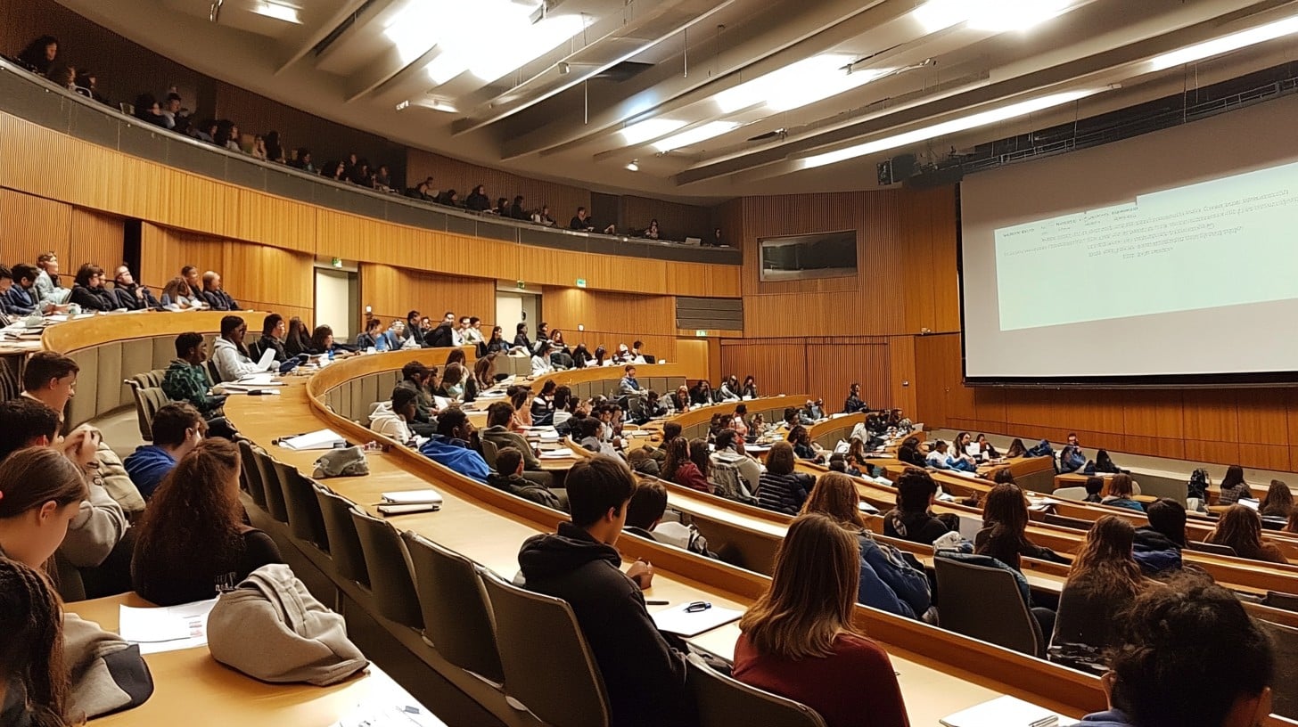 Modern university lecture hall with a very large, bright projection screen showing a biology diagram, students watching attentively