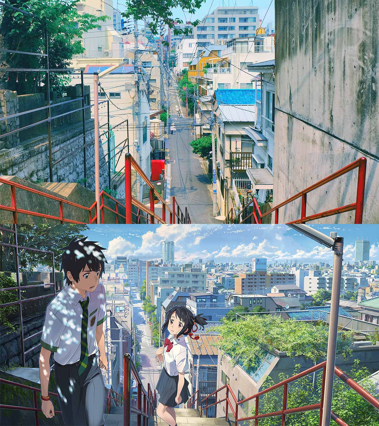 Your Name anime stairs real life location Suga Shrine Tokyo comparison side by side