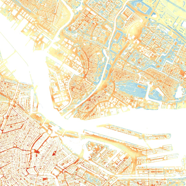 Amsterdam city map showing heat stress index, red and orange heat map, top down view, GIS style
