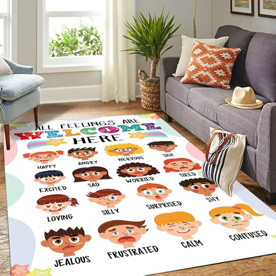 Preschool calm corner with rug, pillows, and emotion visuals