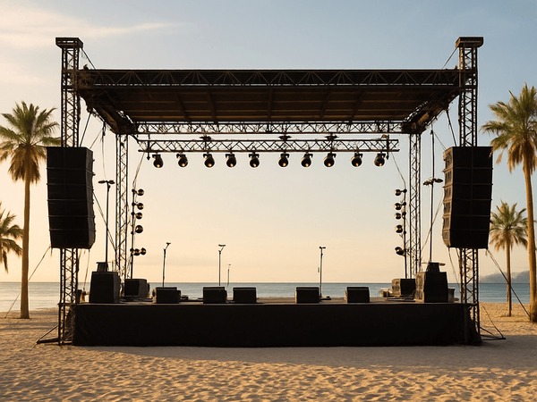 Crew setting up festival stage on a tropical beach