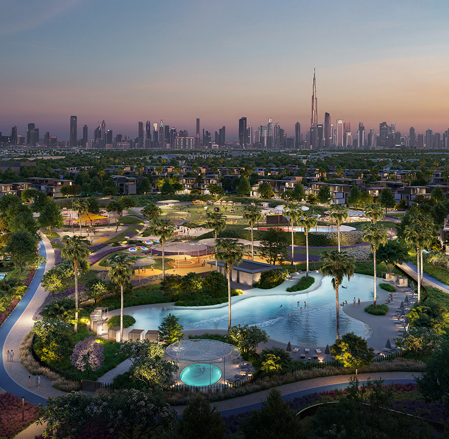 Nad Al Sheba Dubai luxury gardens royal district, serene, high end, privacy, green landscaping, dusk photography