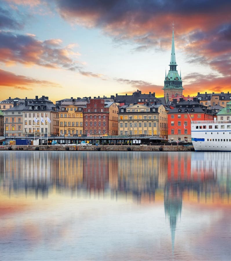 Stockholm skyline sunny summer day gamla stan modern architecture water reflection