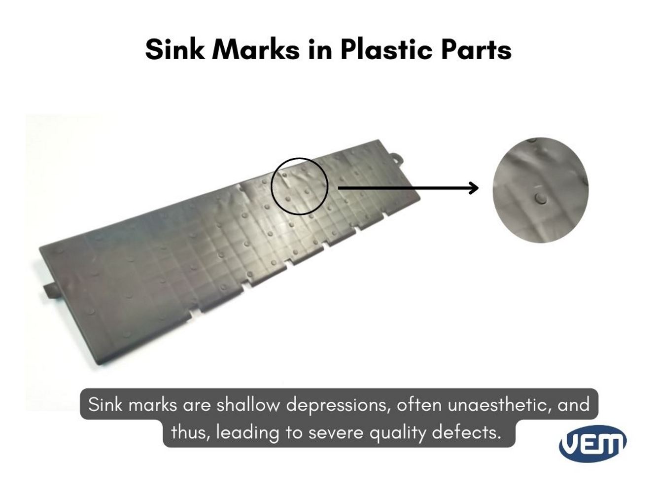 Plastic injection molding defect sink mark or flash on a plastic part, macro photography