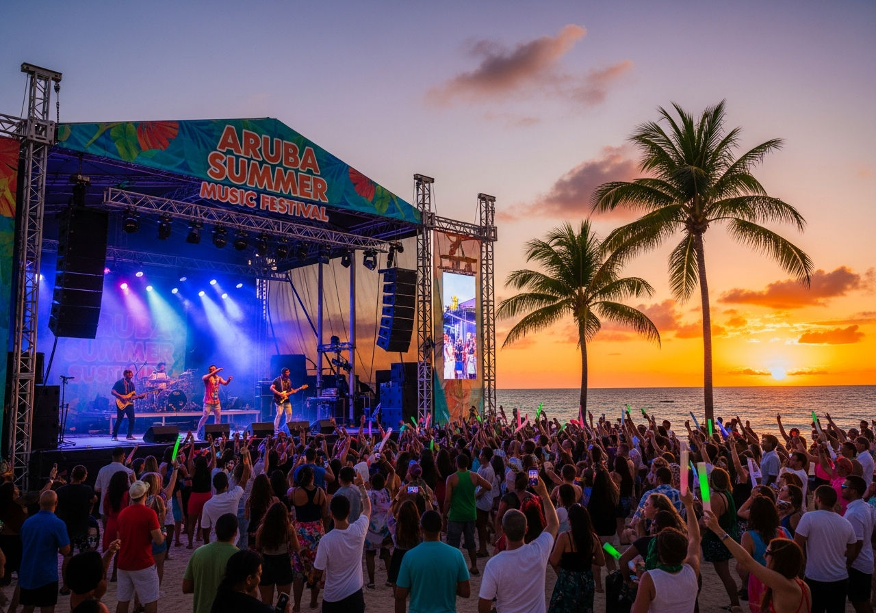 Soca artist performing on a beach stage at sunset