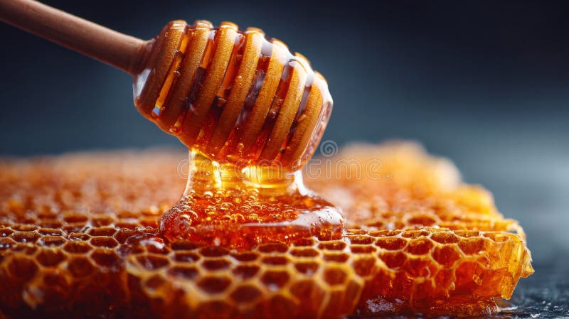 extreme close up of golden honey dripping very slowly from a wooden dipper, macro photography, sharp focus